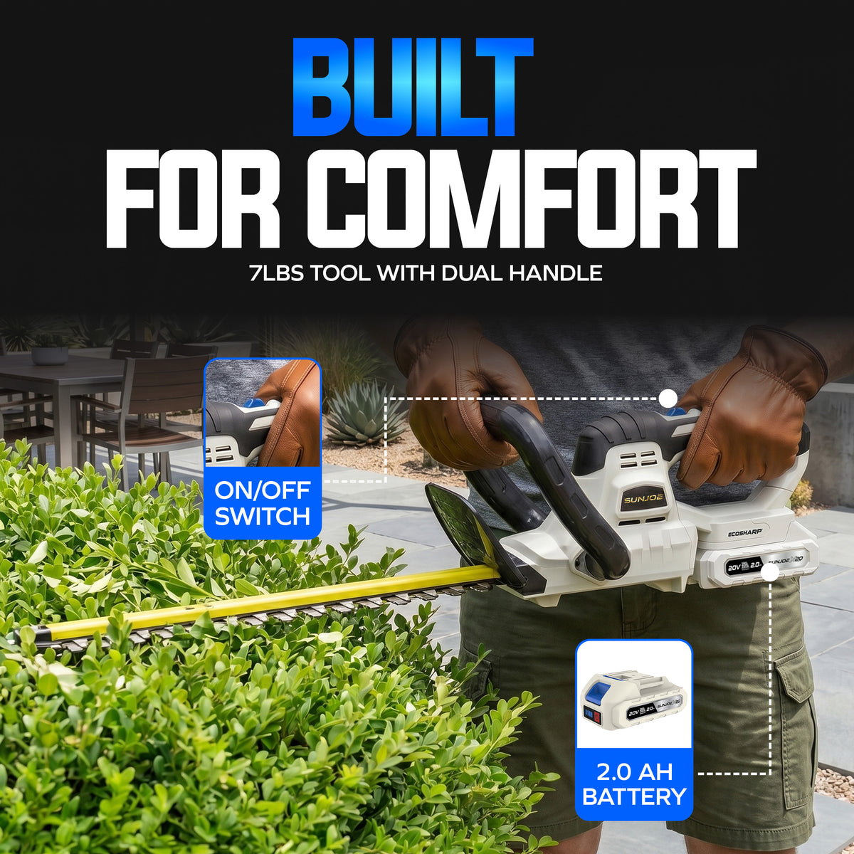 Sun Joe 20-Volt ECOSHARP Cordless X20 22" Electric Hedge Trimmer, X20-HEDGE-2A