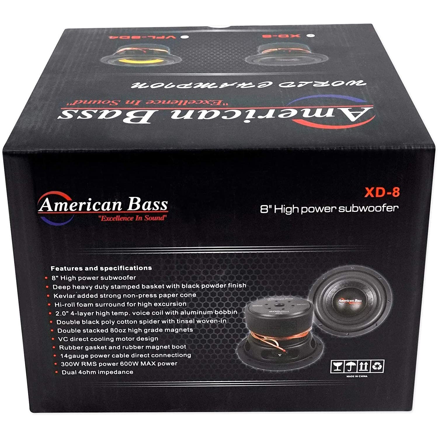 American Bass XD 844 8 Inch Dual 600 Watt Subwoofer Speaker with Enclosure Box - VMInnovations