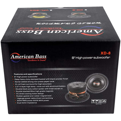 American Bass XD 844 8 Inch Dual 600 Watt Subwoofer Speaker with Enclosure Box - VMInnovations
