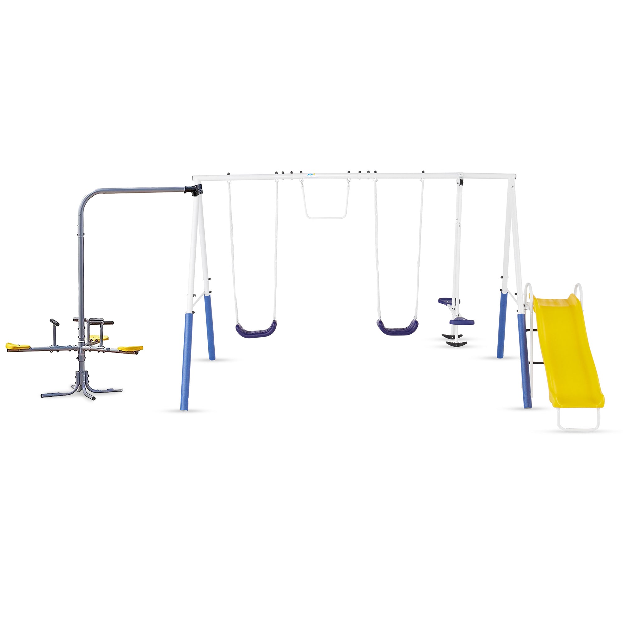 XDP Recreation Blue Ridge Play Outdoor Swing Set, Slide and Triple Fun Go Round