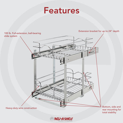 Rev-A-Shelf 12" x 22" 2-Tier Cabinet Pull Out Wire Baskets, Chrome (Refurbished)