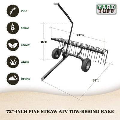 Yard Tuff 72" Pine Straw ATV Tow Landscape Rake w/Wheels & Handle (For Parts)