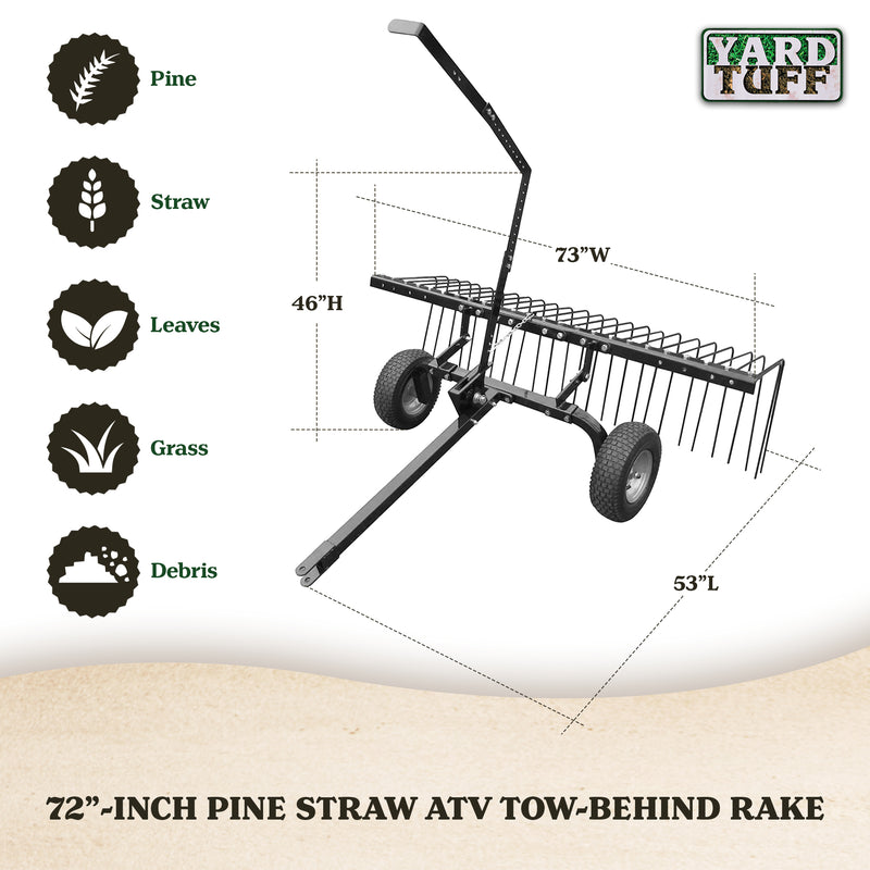 Yard Tuff 72" Pine Straw ATV Tow Behind Steel Landscape Rake w/Wheels & Handle