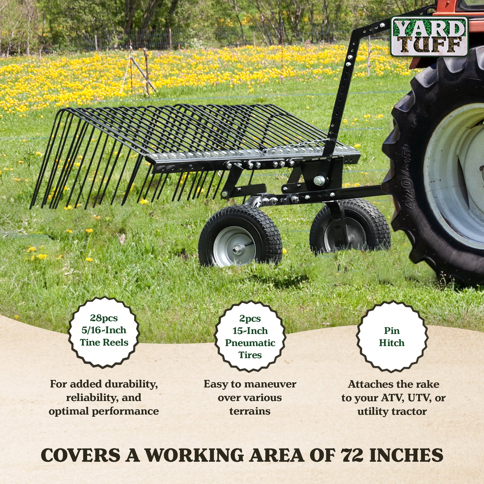 Yard Tuff 72" Pine Straw ATV Tow Behind Steel Landscape Rake w/Wheels & Handle - VMInnovations