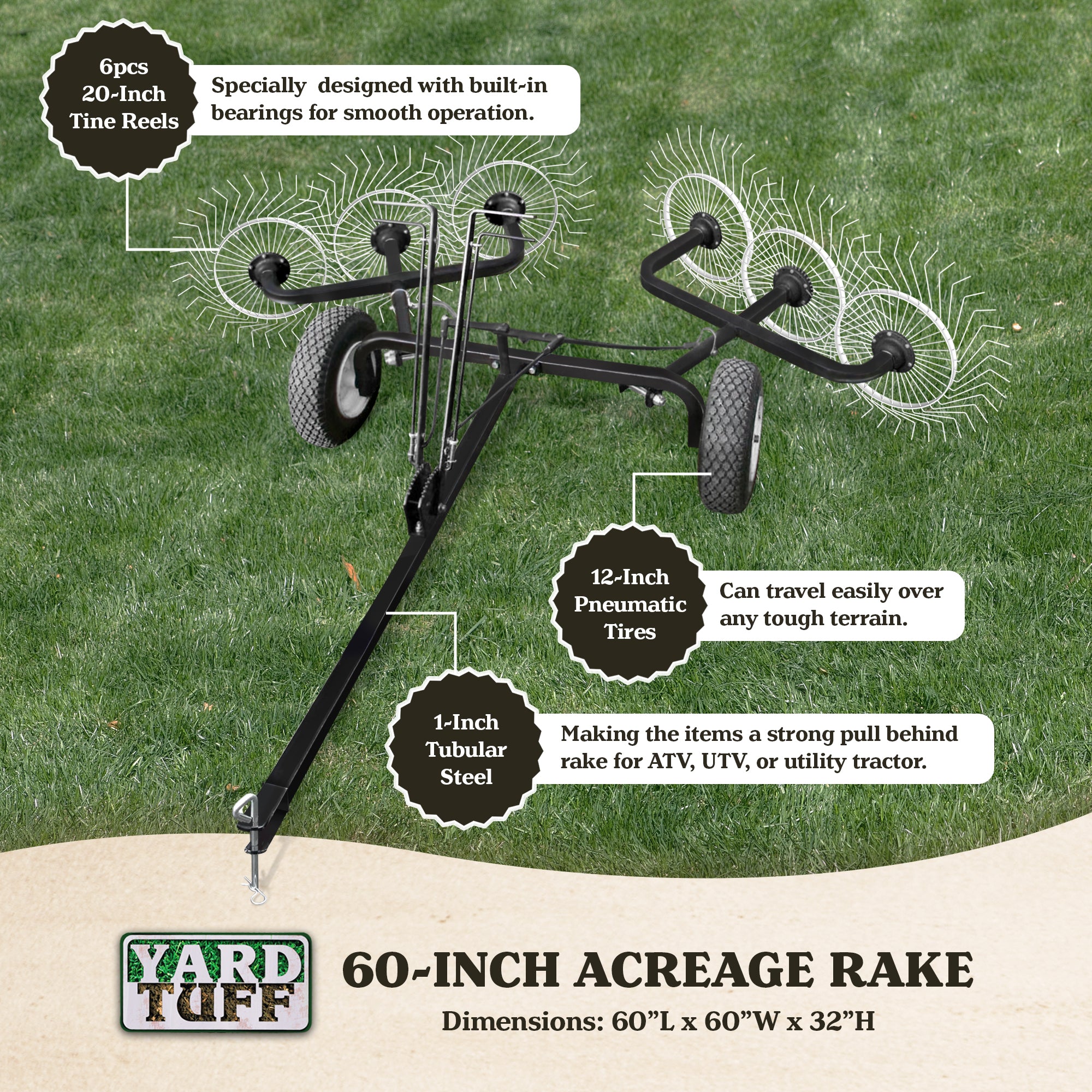 Yard Tuff 60 Inch Steel Tow Behind Acreage Rake with Pin Style Hitch (Open Box) - VMInnovations