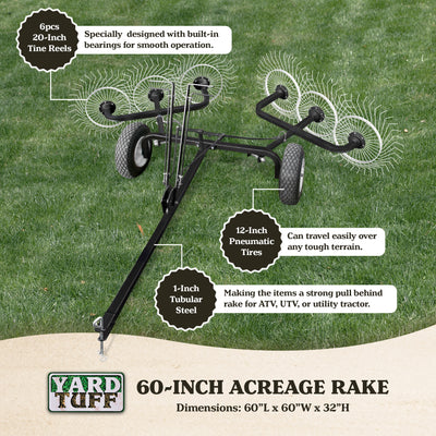 Yard Tuff 60 Inch Steel Tow Behind Acreage Rake with Pin Style Hitch (Open Box)