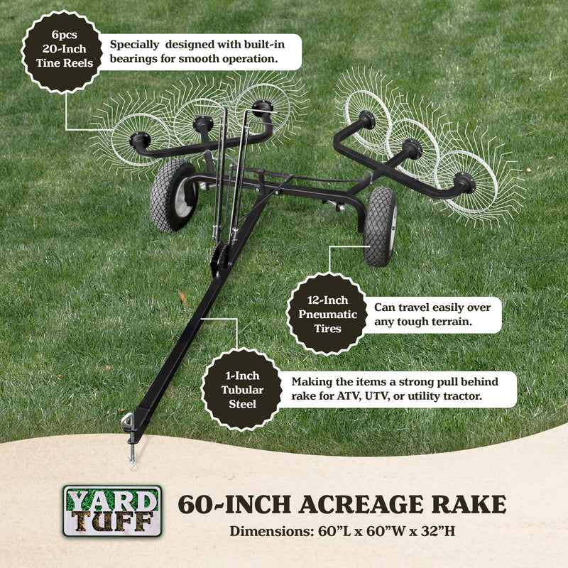 Yard Tuff 60 Inch Steel Tow Behind Acreage Rake with Pin Style Hitch (Open Box)