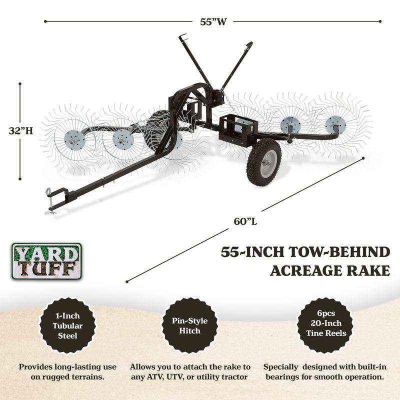 Yard Tuff ACR-600T 55 Inch Steel Tow Behind Acreage Rake with Pin Style Hitch
