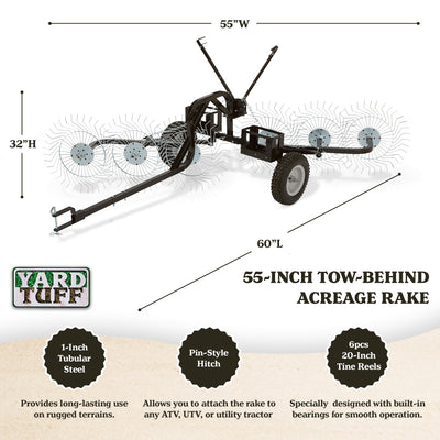 Yard Tuff ACR-600T 55" Steel Tow Behind Acreage Rake w/ Pin Hitch (Open Box) - VMInnovations