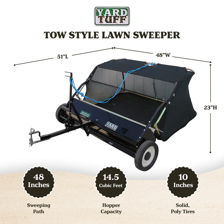 Yard Tuff 48" Quick Assembly Tow Style Lawn Sweeper for Debris and Leaves, Blue