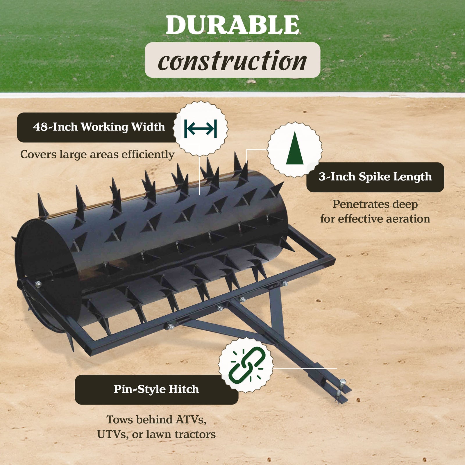 Yard Tuff 48 Inch Wide Drum Spike Aerator with Pin Style Hitch for Gardening - VMInnovations
