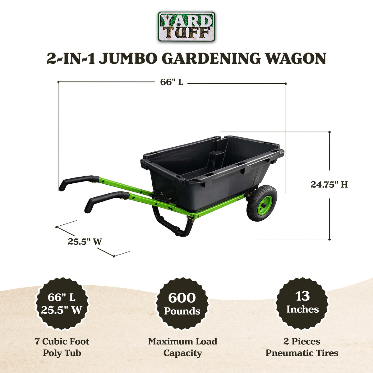Yard Tuff 7 Cu Ft Poly Yard Cart Wheelbarrow, Tow Behind, 600 Lb Capacity