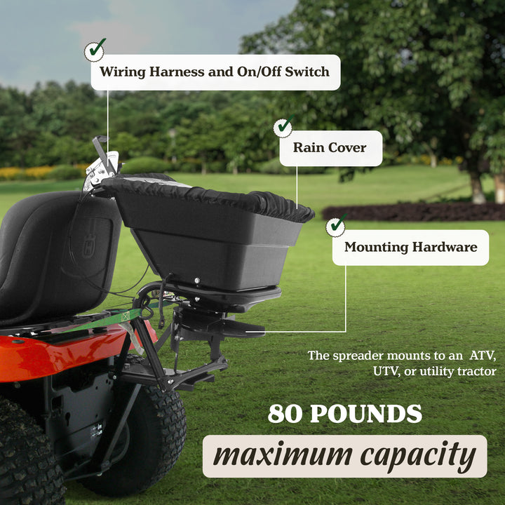 Field Tuff 12V Lawn Tractor 80 Pound Capacity Grass, Seed, Fertilizer Spreader