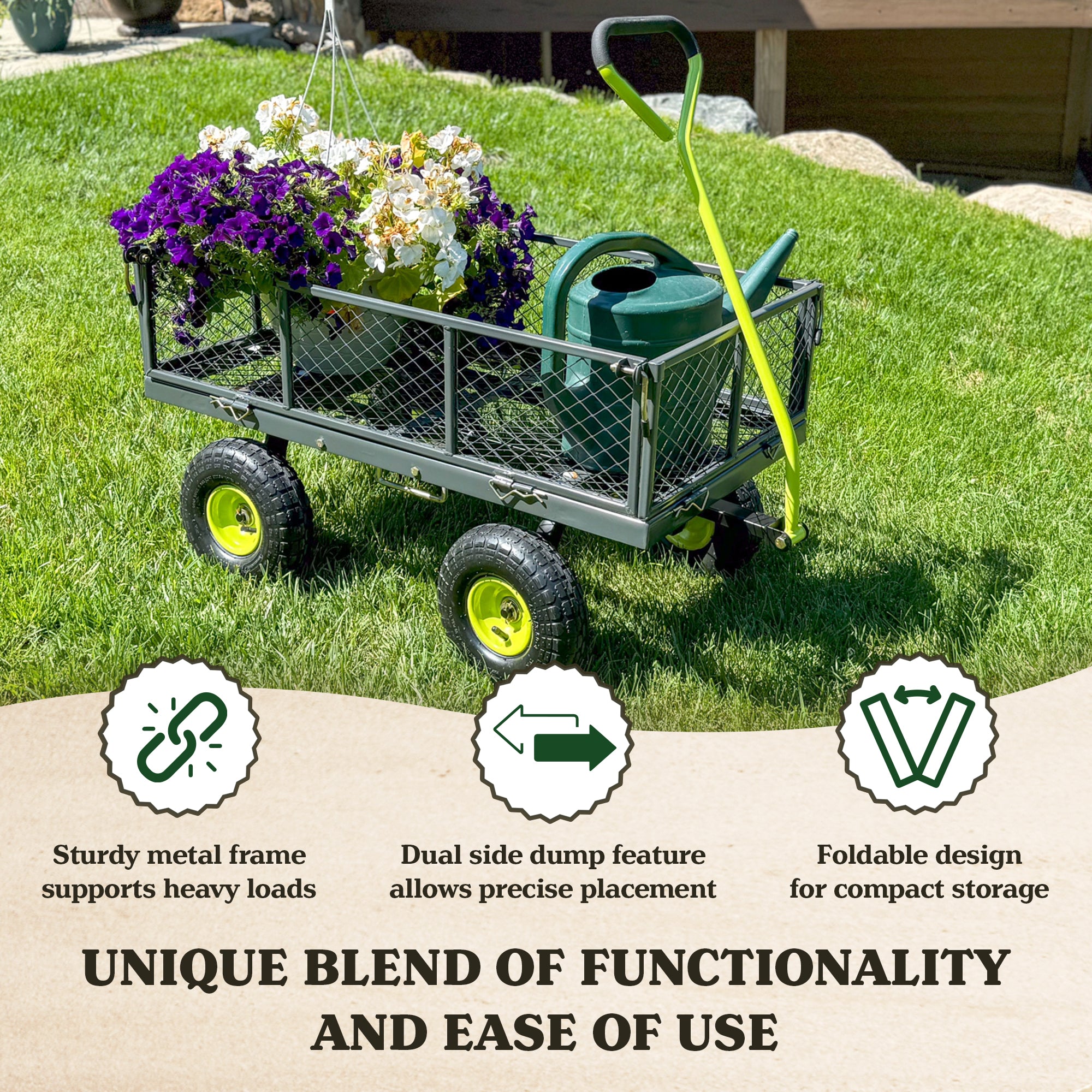 Yard Tuff 3 in 1 Dual-Side Dump Utility Wagon for Garden with Fold-Down Sides - VMInnovations