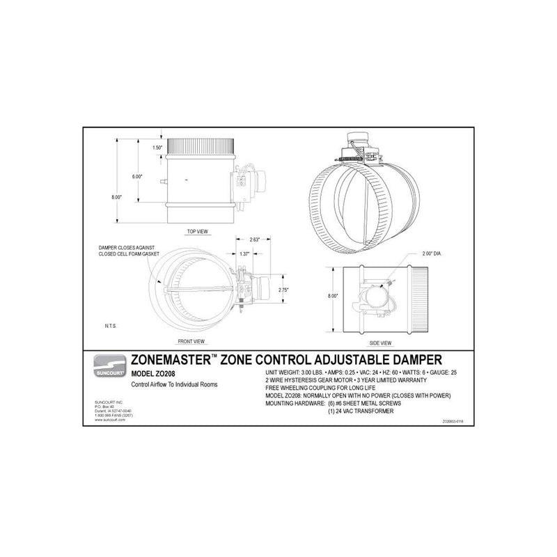 Suncourt ZoneMaster 8 Inch Open Motorized Control Air Flow Damper (For Parts)