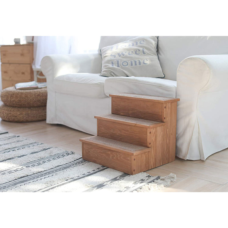 Zoovilla Yorkshire Pet Dog Wooden Carpeted Step Stair with Storage, Natural Wood
