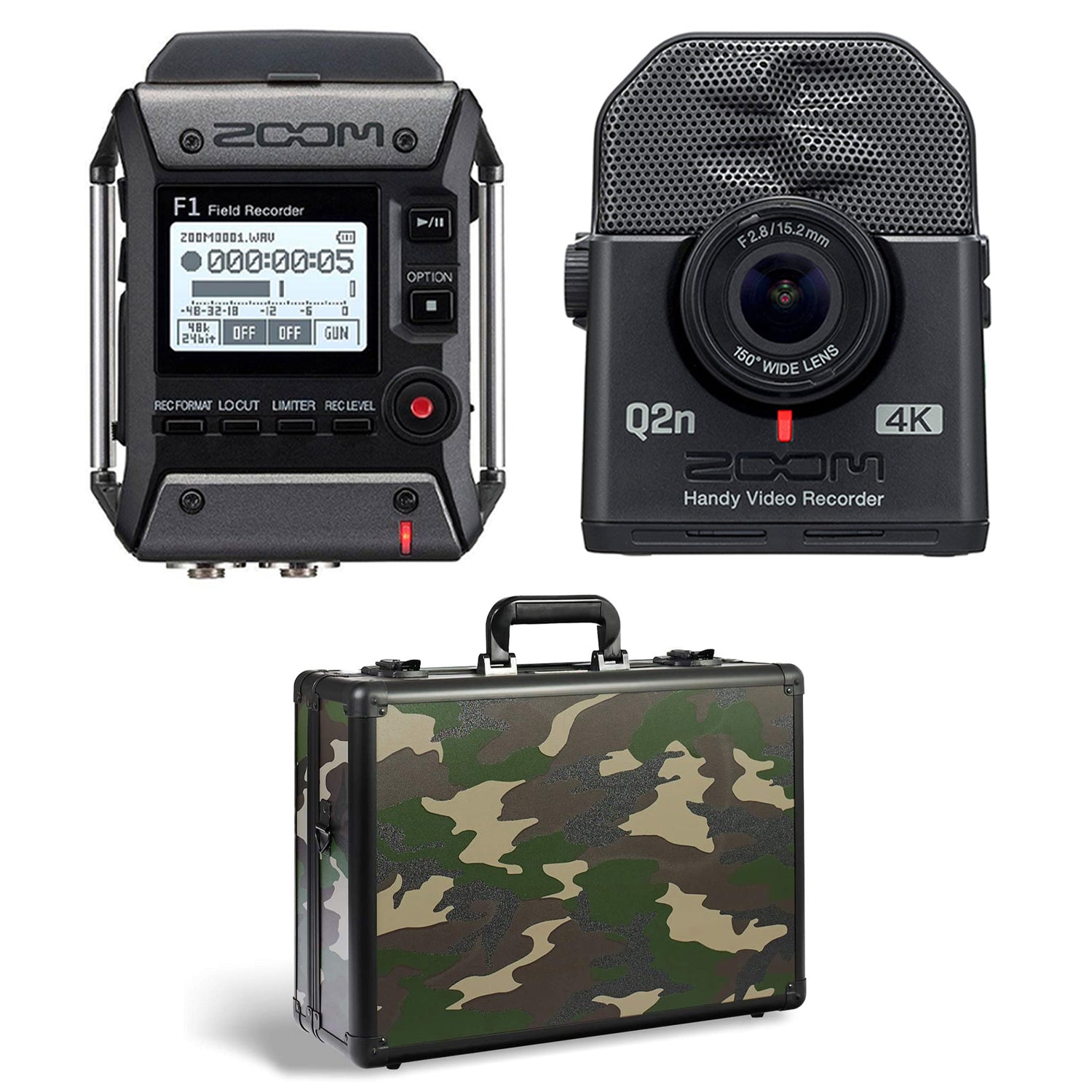 Zoom F1 Digital Audio Recorder with Mic, Q2N4K Compact 4K Camera & Case, Camo