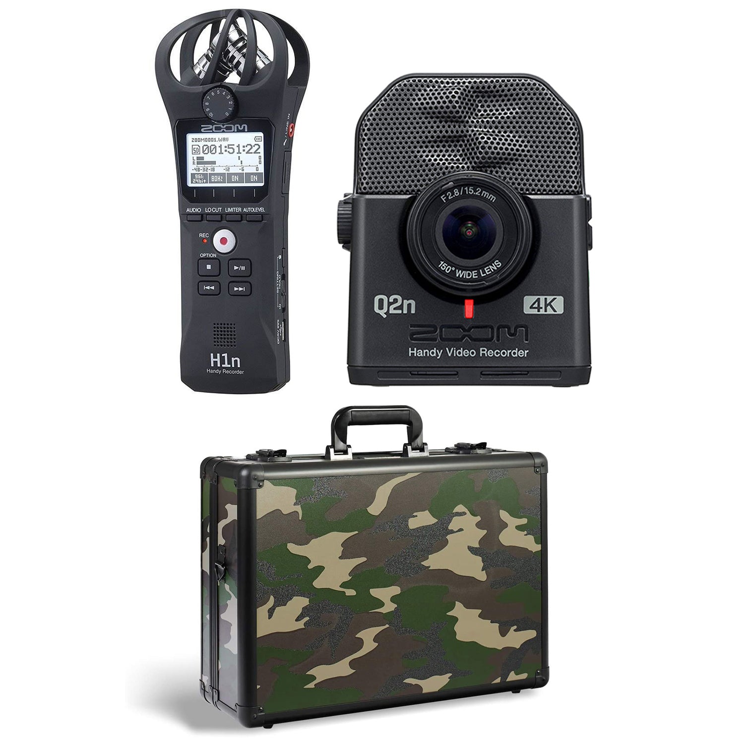 Zoom H1N Wireless Digital Audio Recorder, Q2N4K Compact 4K Camera & Case, Camo