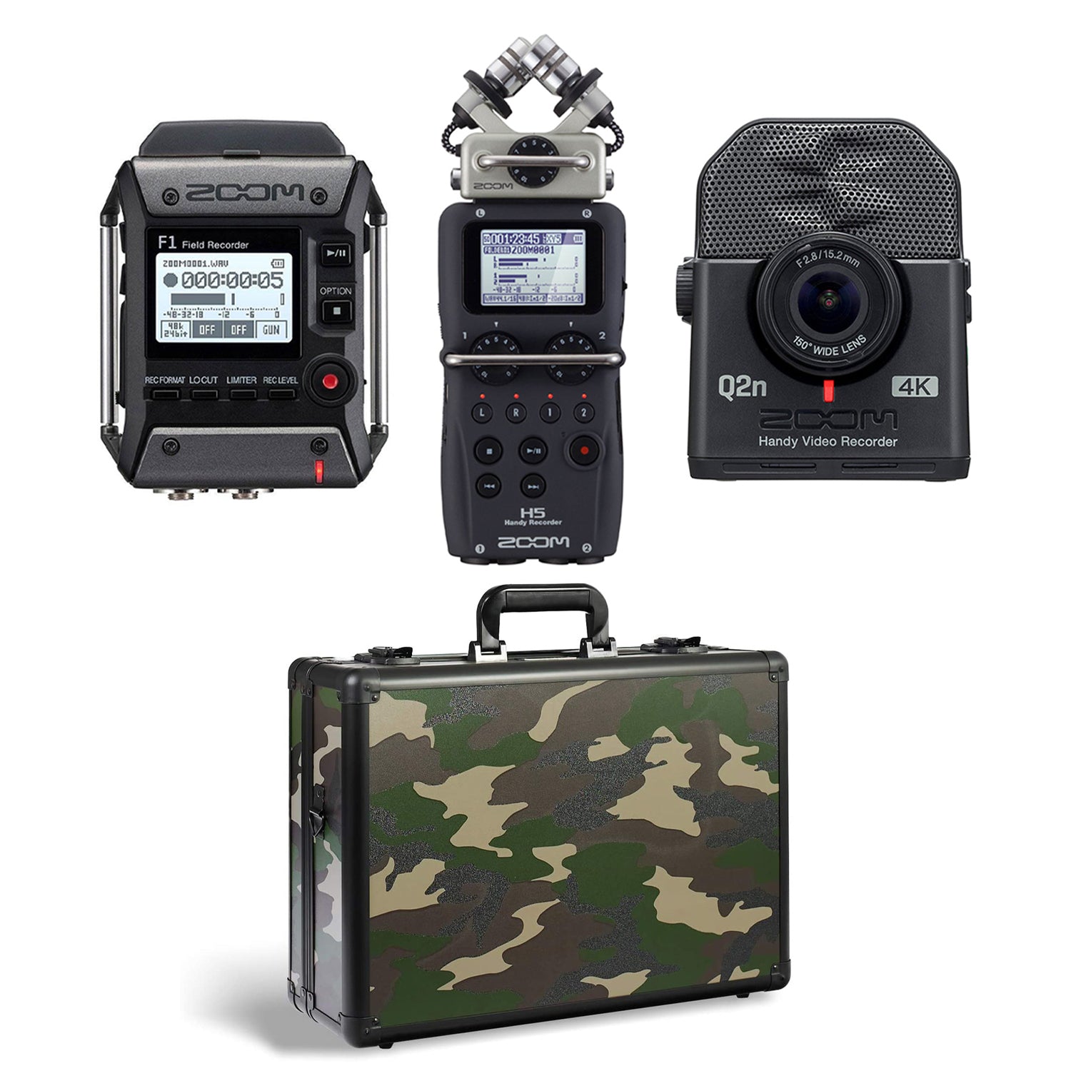 Zoom H5 & F1 Digital Audio Recorders, Q2N4K Recorder 4K Camera & Case, Camo