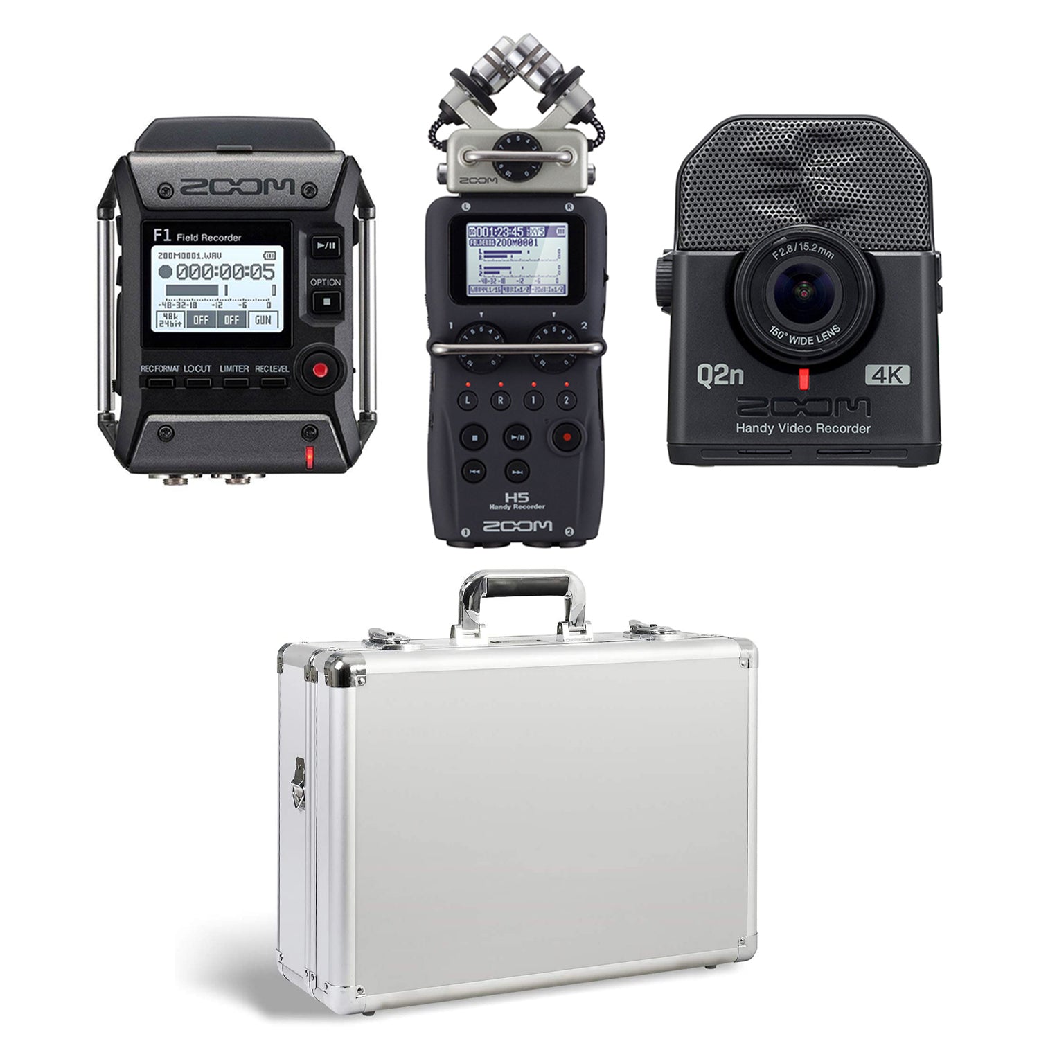 Zoom H5 & F1 Digital Audio Recorders, Q2N4K Recorder 4K Camera & Case, White