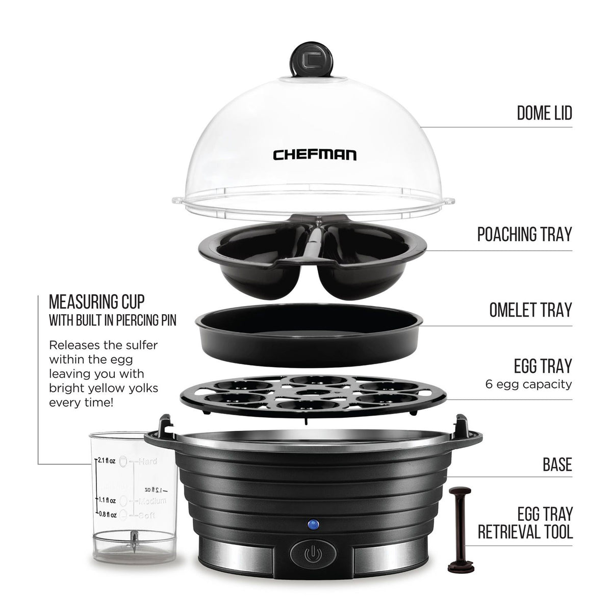 Chefman Everyday Plastic Electric 6 Egg Boiler Cooker with Built In Timer (Used)