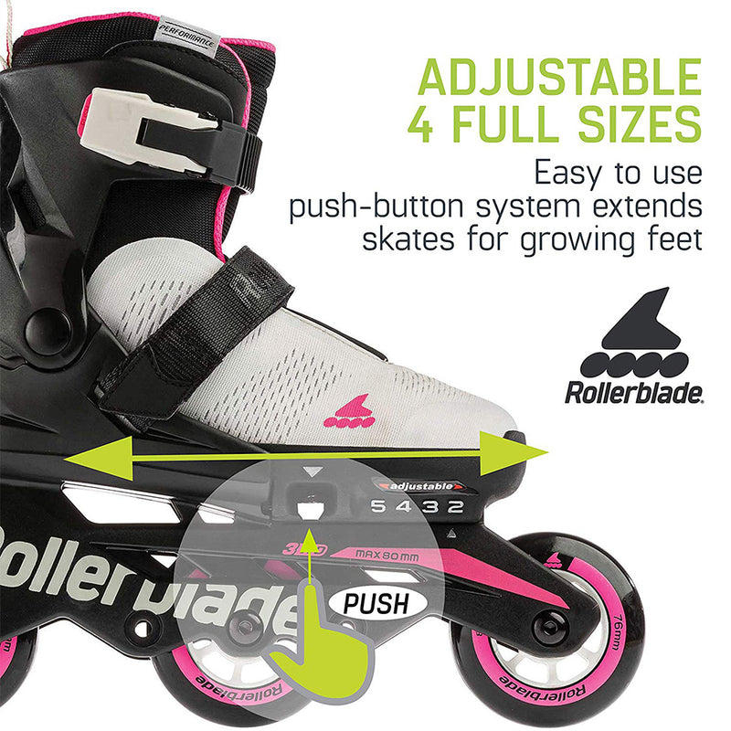 Rollerblade Microblade 3WD Inline Adjustable Roller Skates for Kids, Gray & Pink