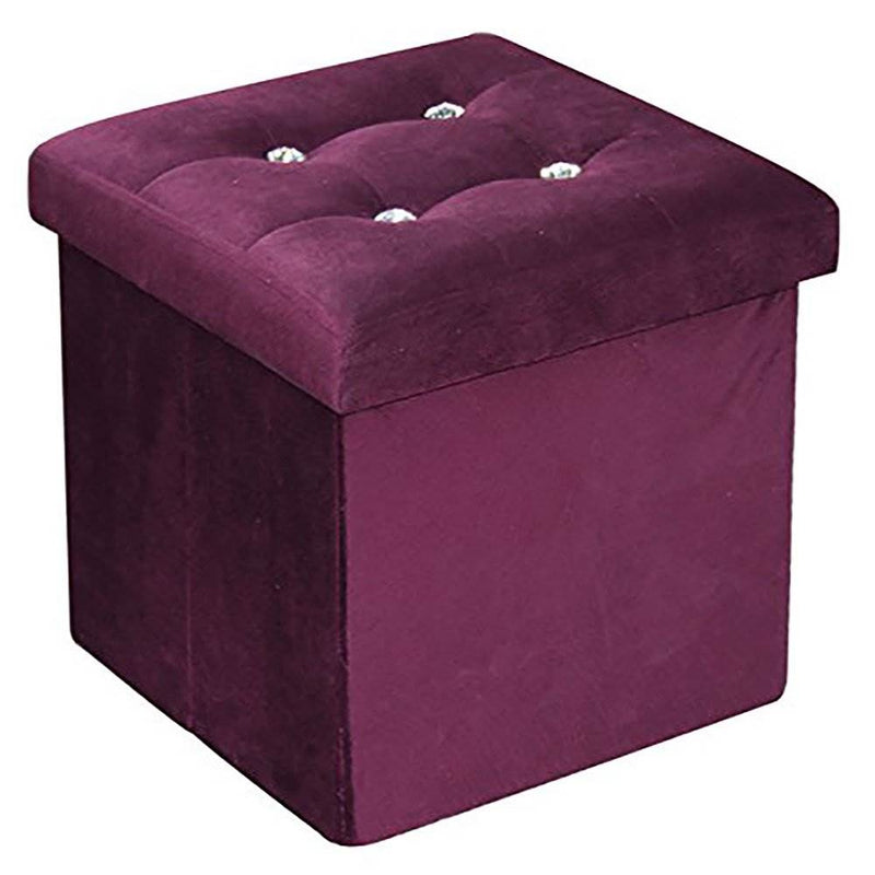 Home Basics Durable Faux Linen Storage Ottoman with Crystal Buttons, Purple