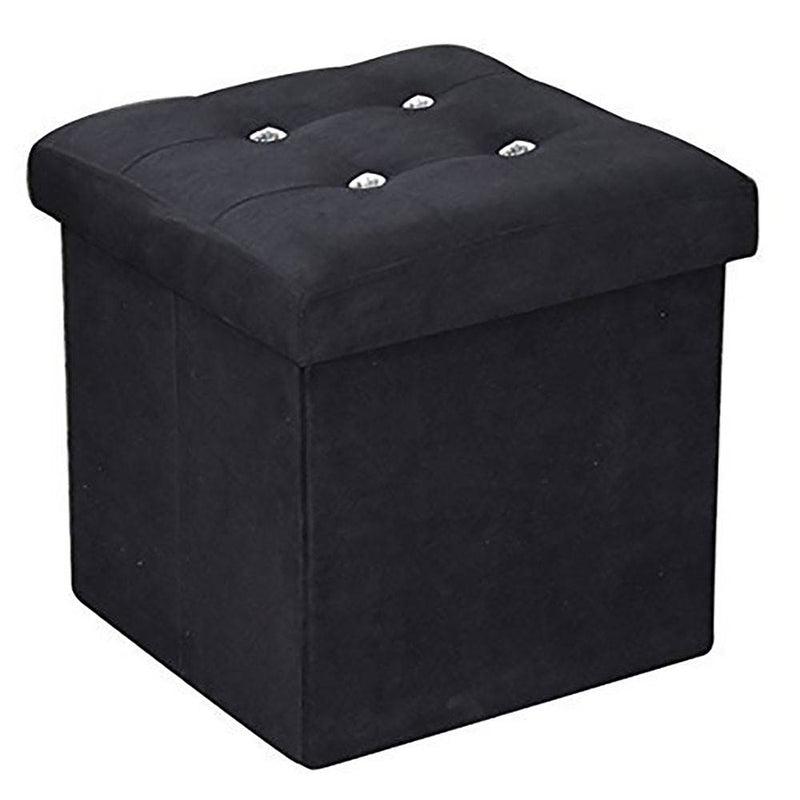 Home Basics Durable Faux Linen Storage Ottoman with Crystal Buttons, Black