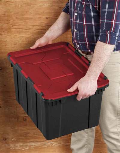 Sterilite 12 Gallon/45 Liter Hinged Lid Industrial Tote, Red Lid (12 Pack)