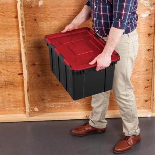 Sterilite 12 Gallon/45 Liter Hinged Lid Industrial Tote, Red Lid (12 Pack)