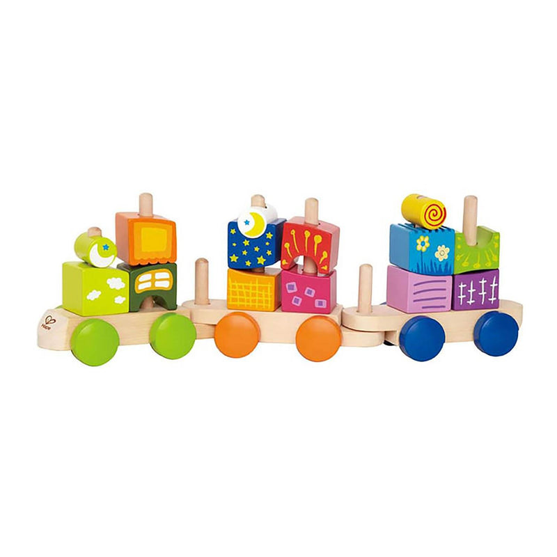 Hape 17 Piece Wooden Block Push and Pull Kid Toddler Toy Train Set  (6 Pack)