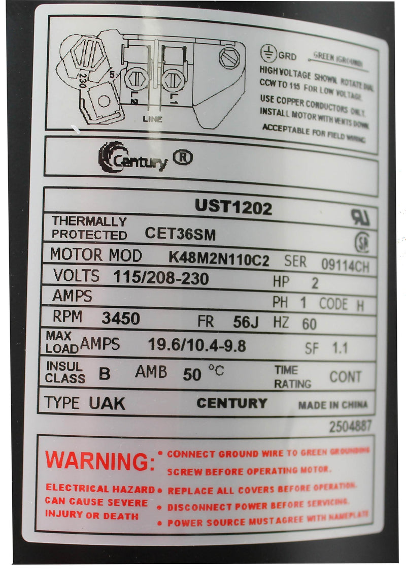 A.O. Smith Century C-Face Up-Rated Replacement Pool Motor | UST1202 (2 Pack)