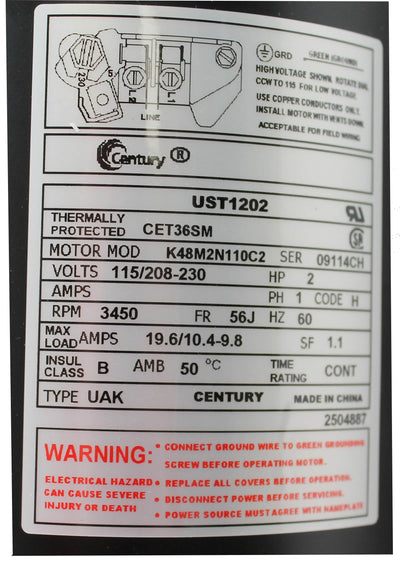 A.O. Smith Century C-Face Up-Rated Replacement Pool Motor | UST1202 (6 Pack)