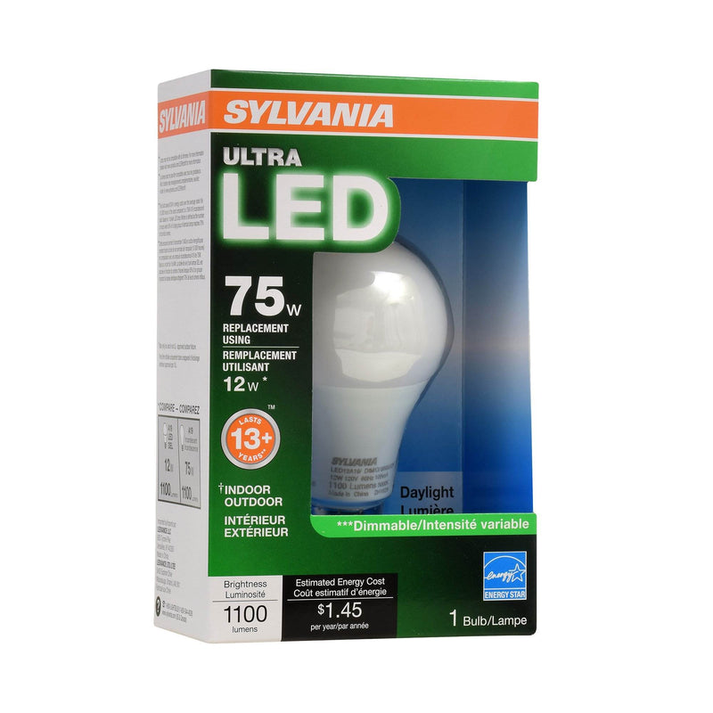 SYLVANIA Ultra 75W Equivalent 12W Efficient A19 Dimmable LED Bulb, Daylight