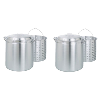Bayou 34 Quart Aluminum Soup Cooking Stockpot w/ Boil Basket & Lid (2 Pack)