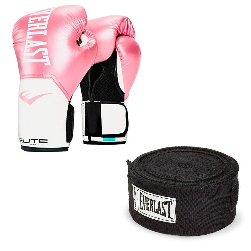 Everlast Pink Elite Pro Style Boxing Gloves 8 ounce & Black 120 Inch Hand Wraps