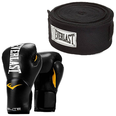 Everlast Black Elite Pro Style Boxing Gloves 8 Ounce & Black 120-Inch Hand Wraps