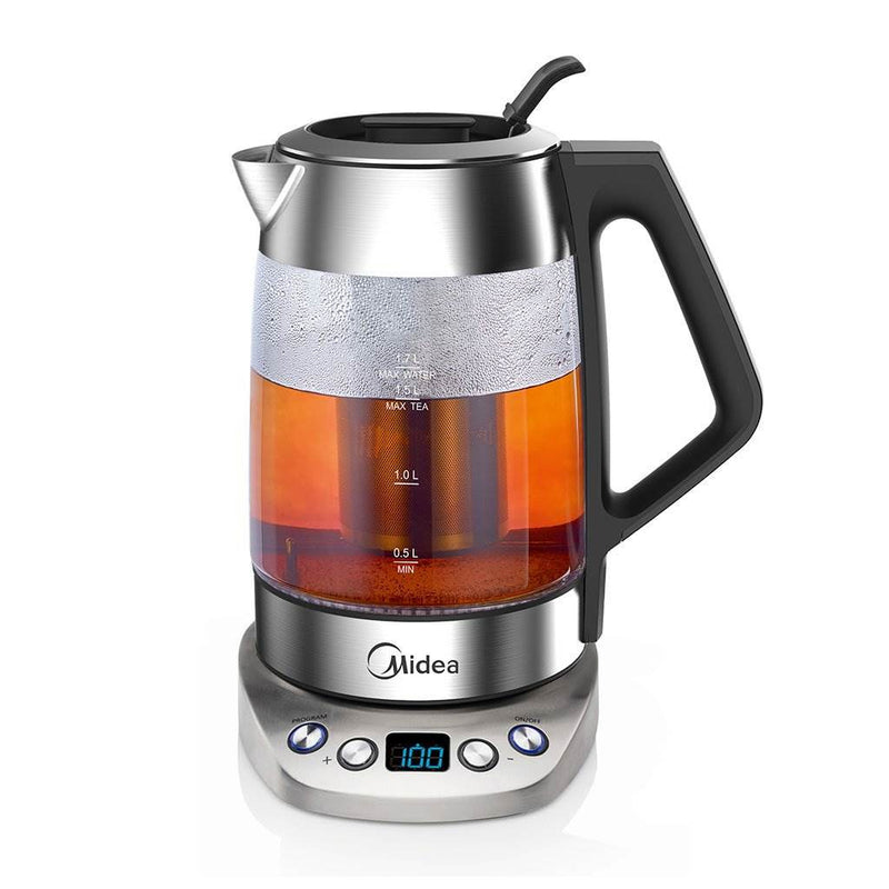 Midea Cordless 1.7 Liter Variable Temperature Electric Glass Tea Kettle, Silver