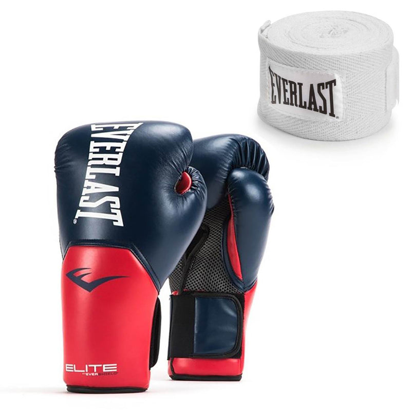 Everlast Navy/Red Elite Boxing Gloves 14 Ounce & 120-Inch Hand Wraps
