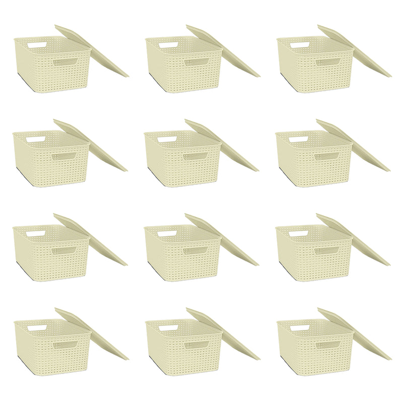 Homz Large Plastic Woven Storage Basket Bin with Matching Lid, Cream (12 Pack)