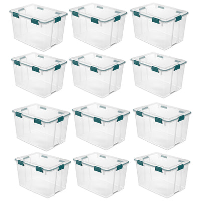 Sterilite 80 Qt Box Storage Bin with Lid and Latches, Clear/Teal Rain (12 Pack)