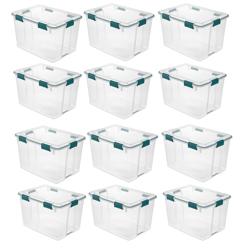 Sterilite 80 Qt Box Storage Bin with Lid and Latches, Clear/Teal Rain (12 Pack)