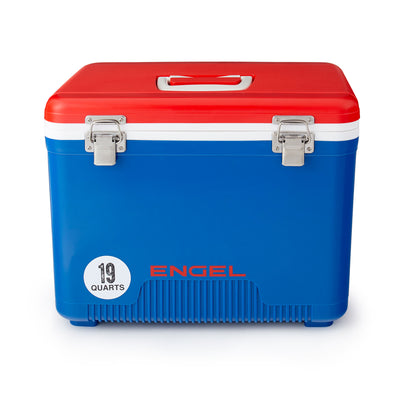 ENGEL 19 Quart Fishing Live Bait Dry Box Ice Cooler w/ Shoulder Strap, Red/Blue - VMInnovations