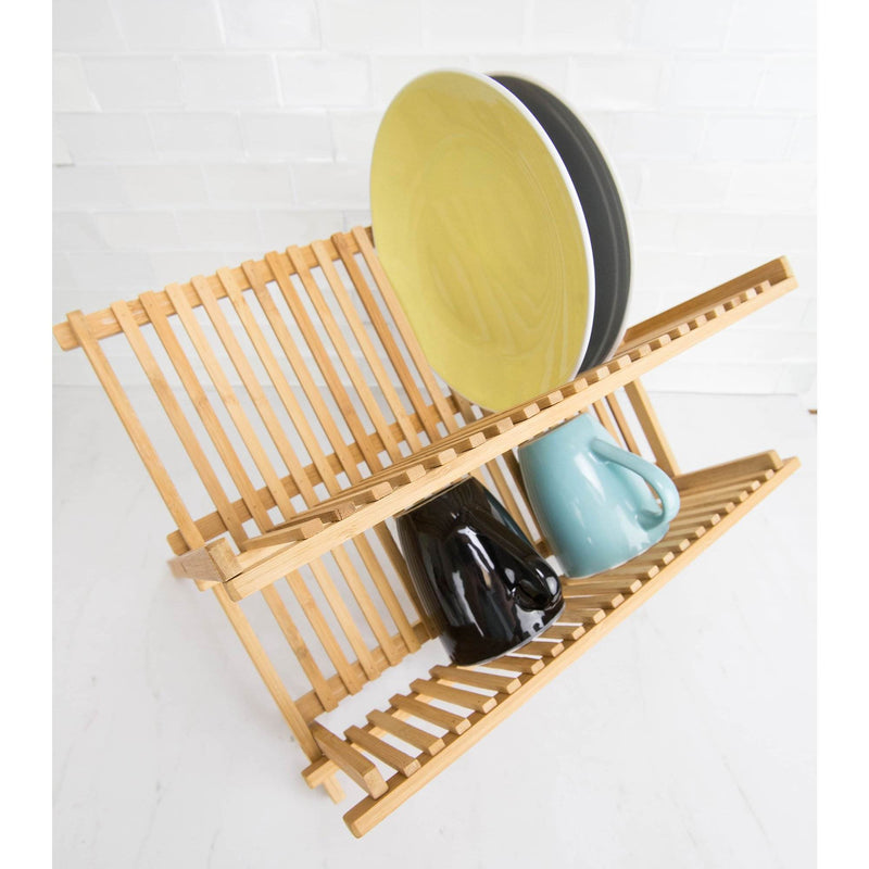 Home Basics 17.5 Inch Wooden Bamboo Foldable Countertop Dish Drainer Drying Rack