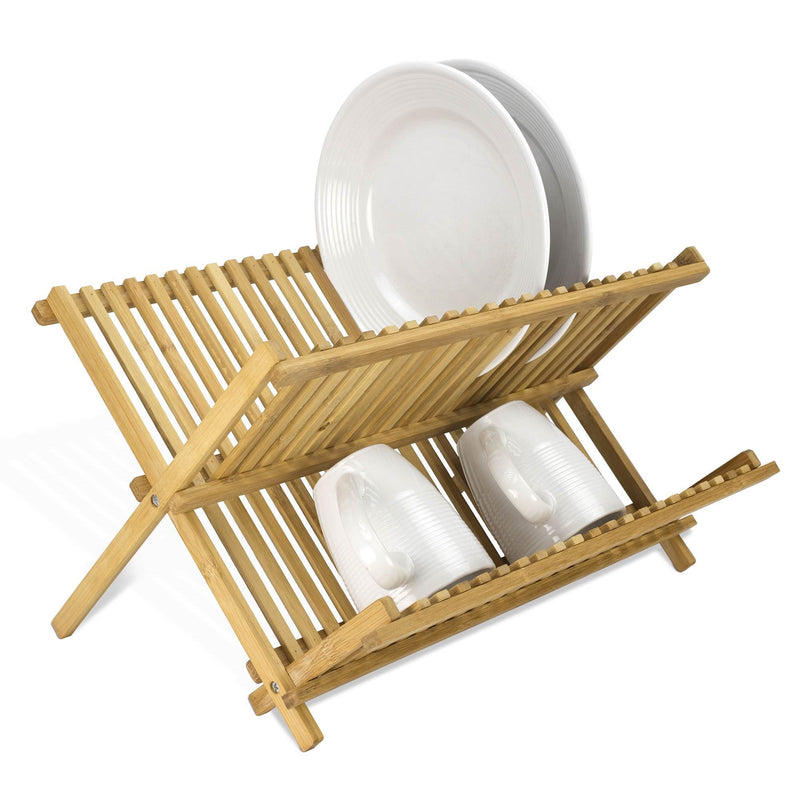 Home Basics 17.5 Inch Wooden Bamboo Foldable Countertop Dish Drainer Drying Rack