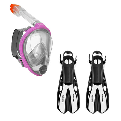 Head Sea VU Dry Full Face Anti Fog Adult S/M Snorkel Swim Scuba Mask & S/M Fins