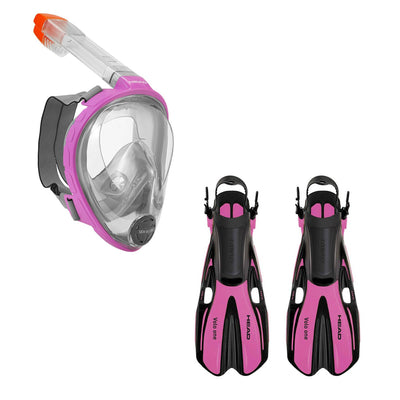 HEAD Sea VU Dry Full Face Anti Fog Adult XS/S Snorkel Swim Scuba Mask & S/M Fins