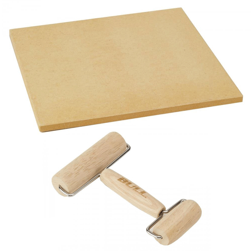 Bull 15 Inch Square Pizza Stone for Ovens or Grills, Brown & Double Dough Roller
