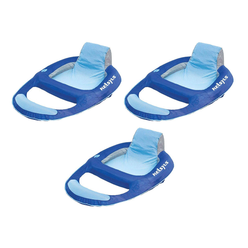Kelsyus Floating Pool Lounger Chaise Inflatable Chair w/Cup Holder, Blue (3Pack)
