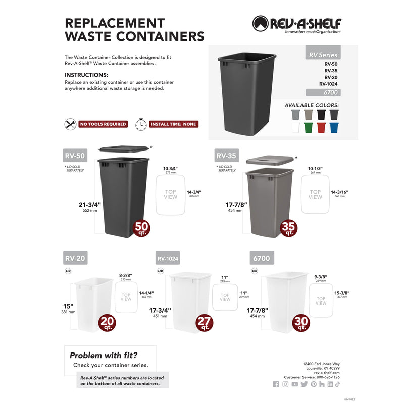 Rev-A-Shelf 27 Qt Kitchen Replacement Trash or Recycle Bin, White, RV-1024-52